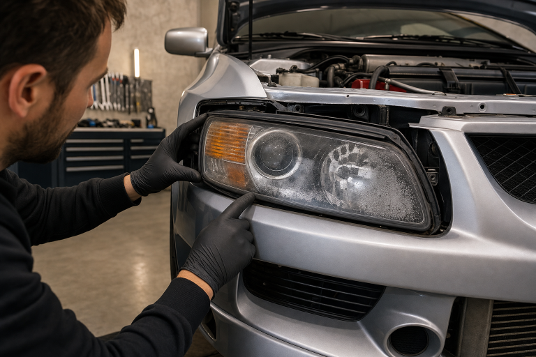 Technician inspecting condensation and the perimeter headlight seal on an Evo 7/8/9