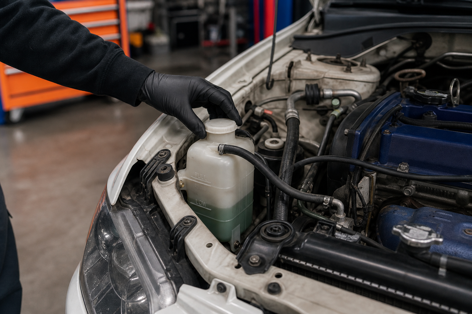 Mechanic inspecting the coolant overflow reservoir in an Evo 7 8 9 engine bay