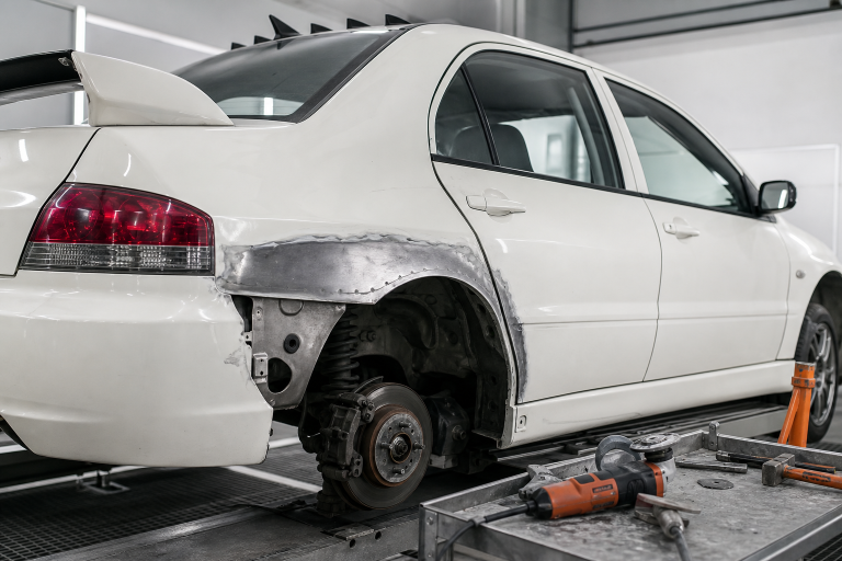 Evo 7/8/9 rear quarter panel undergoing rust repair in a professional body shop