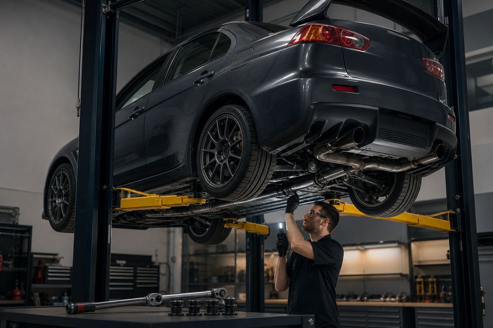 Technician inspecting Evo X driveshaft carrier bearing support bushings on a lift