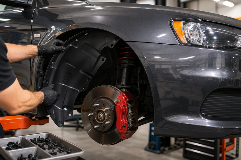 Mechanic test-fitting an Evo X front fender liner and wheel-arch clips