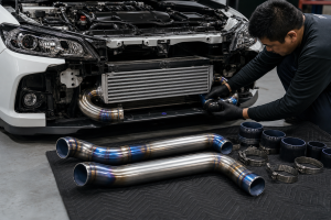 Mechanic inspecting titanium Evo X upper and lower intercooler piping