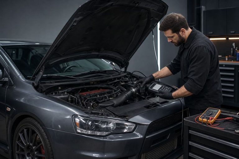 Technician diagnosing an Evo X mass air flow sensor and intake system