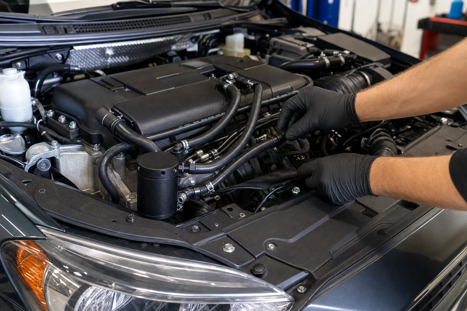 Technician checking an Evo X oil catch can and black breather-hose routing
