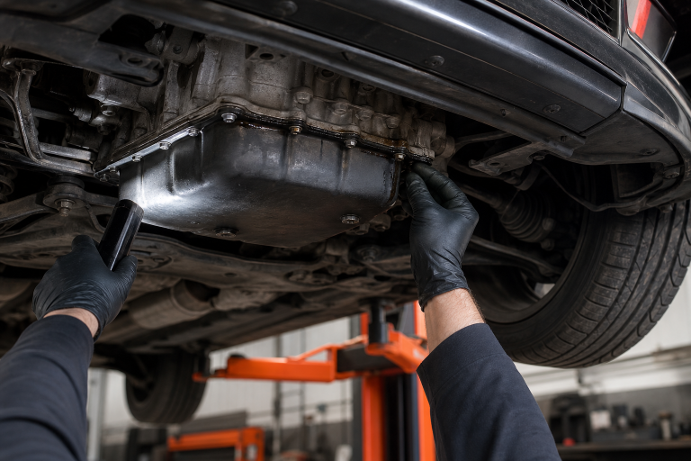 Mechanic inspecting an Evo X oil pan leak along the lower engine seam