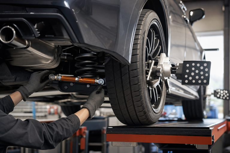 Mechanic adjusting Evo X rear toe arms on a professional alignment rack