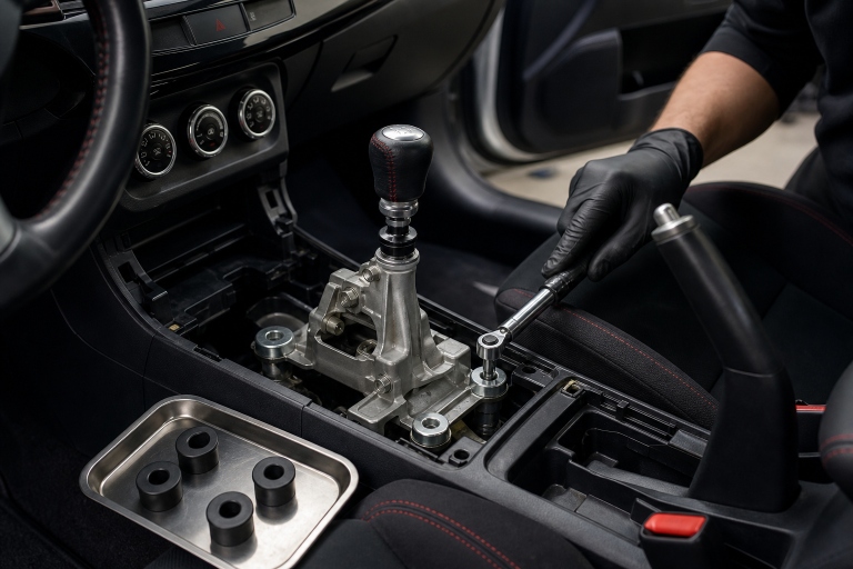 Technician installing aluminum shifter base bushings in an Evo X 5-speed center console