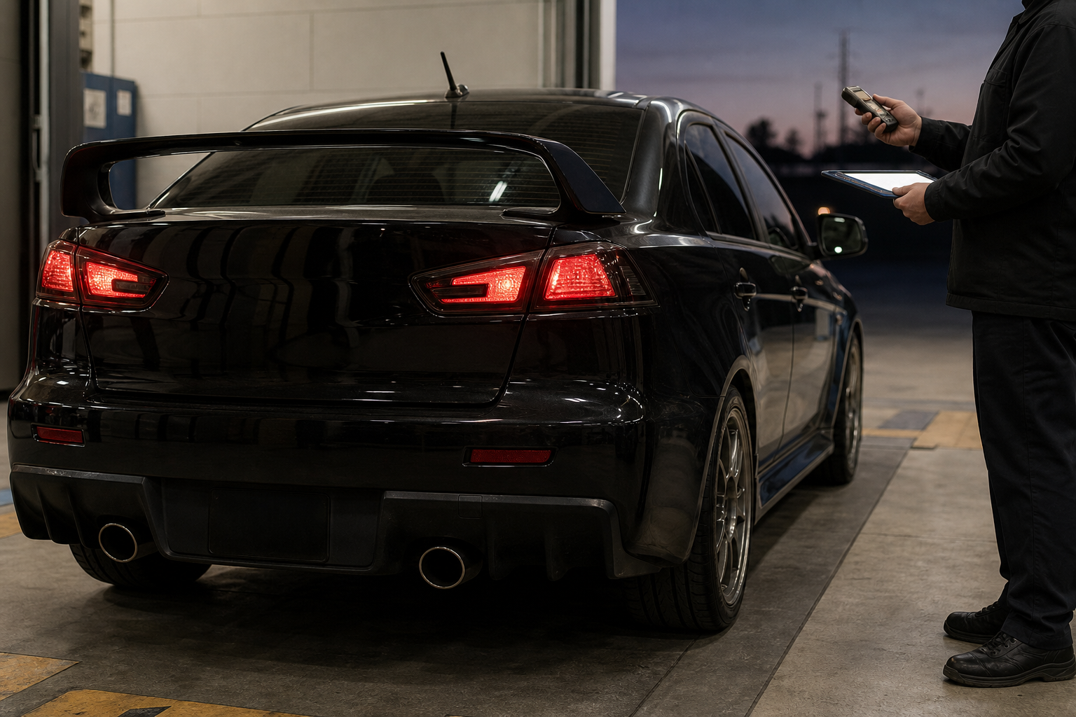 Technician checking illuminated smoked Evo X tail lights in an inspection bay