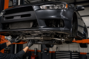 Mechanic inspecting an Evo X steering rack and tie rods on a workshop lift