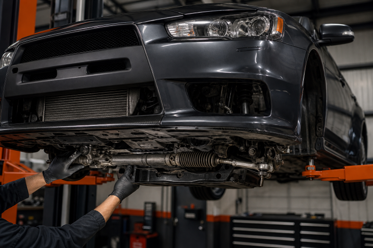 Mechanic inspecting an Evo X steering rack and tie rods on a workshop lift
