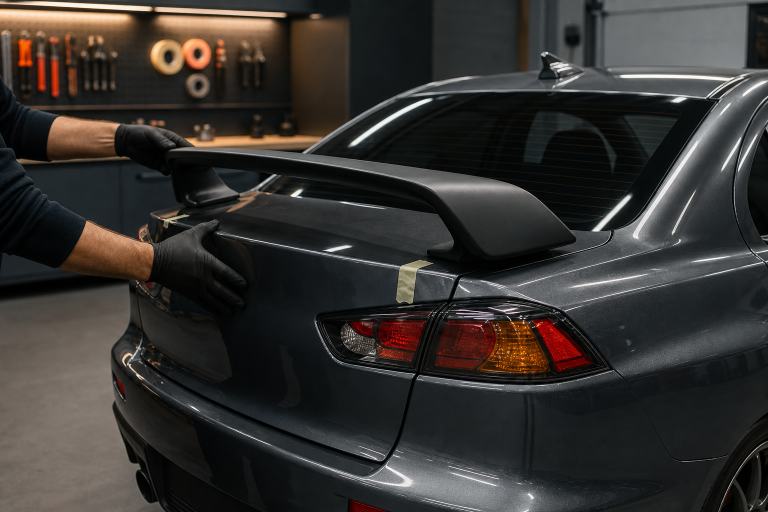 Technician aligning a matte-black Evo X trunk spoiler on a performance sedan