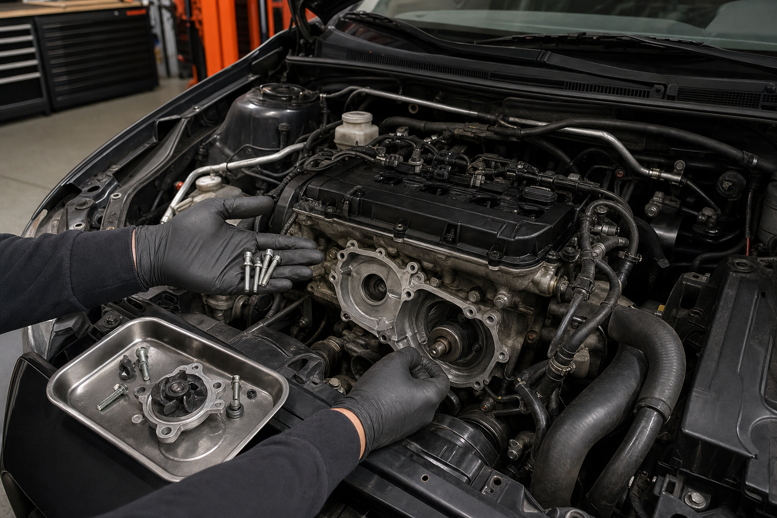 Mechanic inspecting an Evo X water pump housing and replacement fasteners