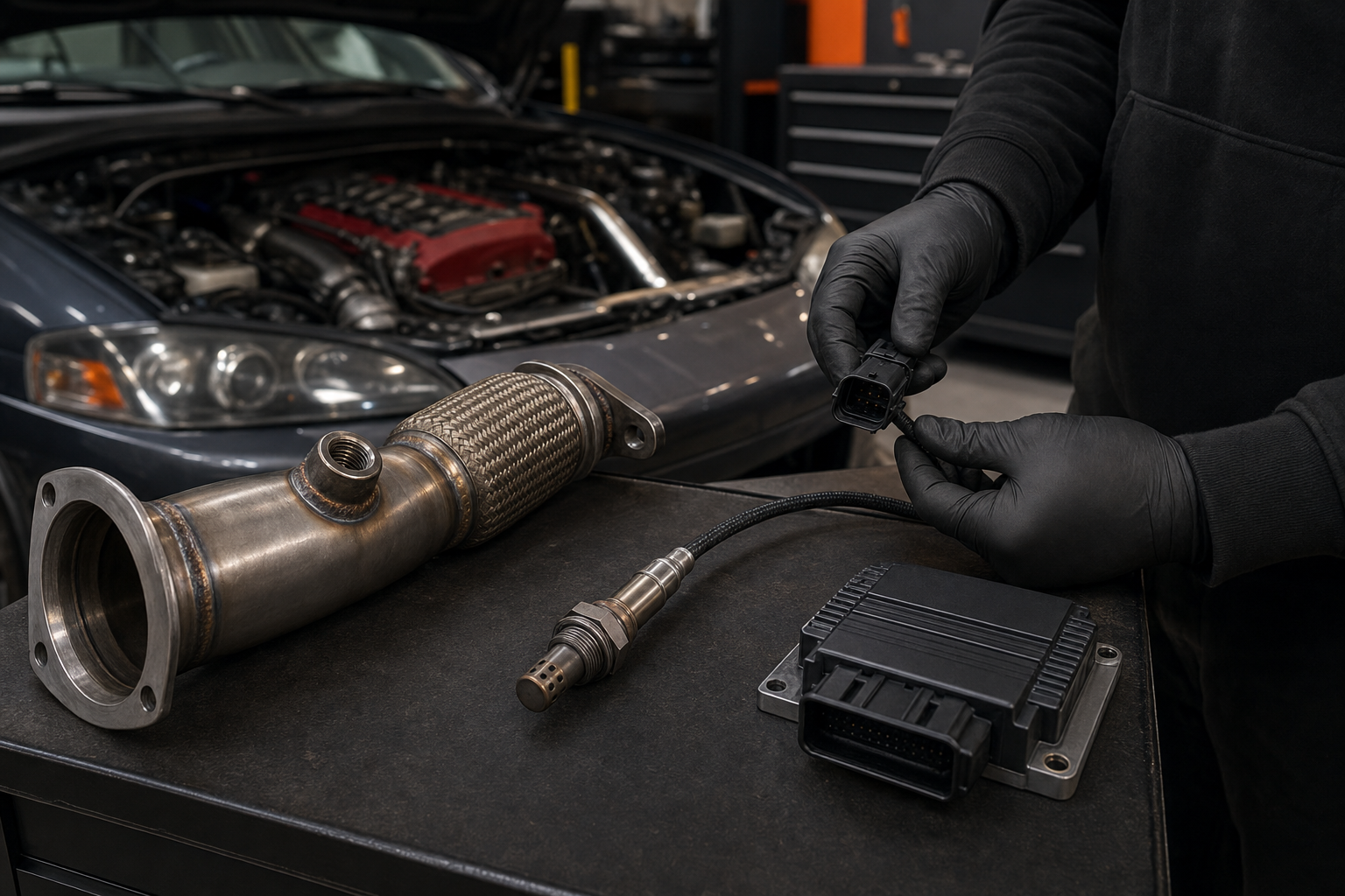 Mechanic checking an Evo X wideband oxygen sensor and Syvecs ECU connector