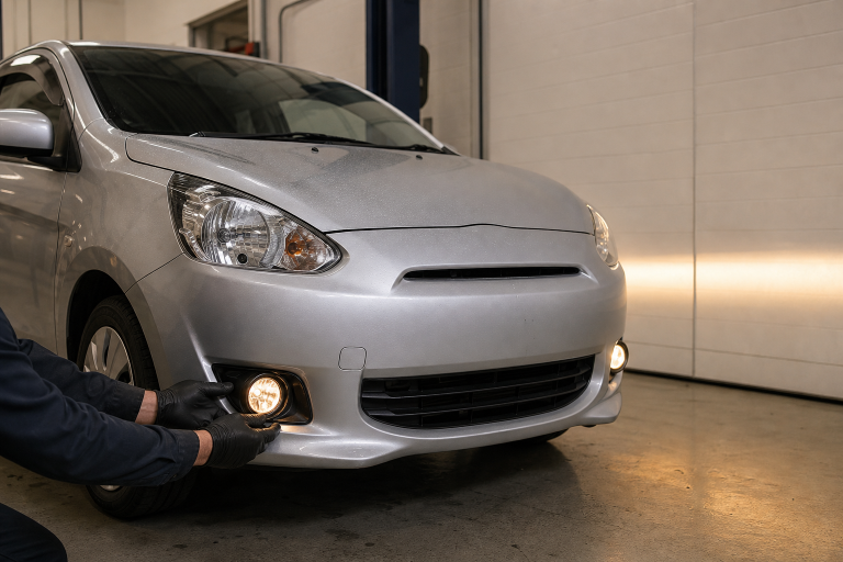 Technician aligning clear-lens fog lights on a 2014–2015 Mitsubishi Mirage