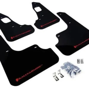 Buy RallyArmor Evo X mud flaps online for 2008–2015 Mitsubishi Lancer Evolution X, Protect paint from road debris with black flaps and red logo.