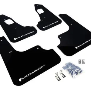 Buy Evo X mud flaps by Rally Armor in black polyurethane with a white logo. Fits 2008–2015 Mitsubishi Lancer Evolution X, Includes four flaps and hardware.