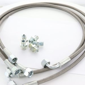 Buy Mitsubishi Evo X AYC/ACD pump relocation hoses with braided hydraulic lines for a compatible pump relocation setup, Shop Evo X parts online.