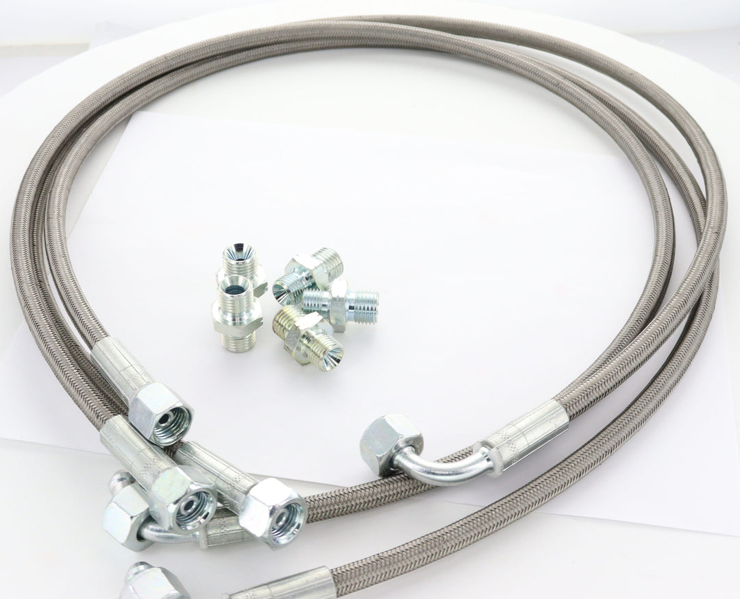 Buy Mitsubishi Evo X AYC/ACD pump relocation hoses with braided hydraulic lines for a compatible pump relocation setup, Shop Evo X parts online.