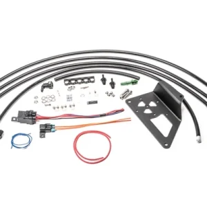 Buy the Radium Engineering Evo X Surge Tank Kit for your Mitsubishi Evolution X, Includes PTFE hoses, mounting bracket, fittings, and wiring components.