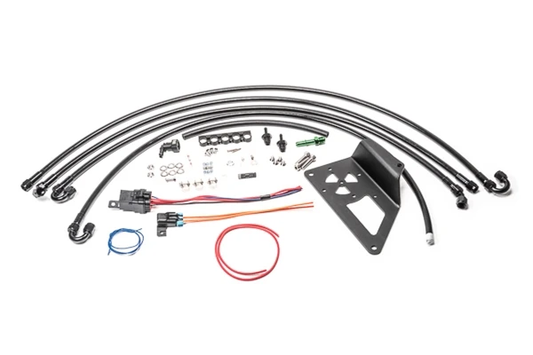 Buy the Radium Engineering Evo X Surge Tank Kit for your Mitsubishi Evolution X, Includes PTFE hoses, mounting bracket, fittings, and wiring components.